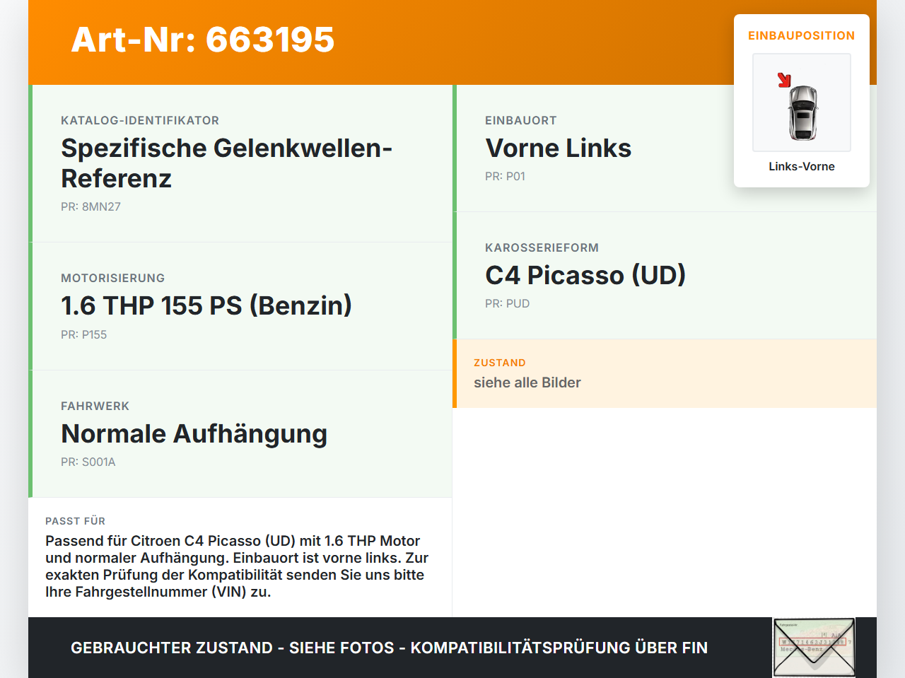 Citroen C4 Picasso UD 10-13 THP 155 1,6 115KW Antriebswelle Gelenkwelle Links Vorne Citroen C4 Picasso UD 10-13... Vorschau 3