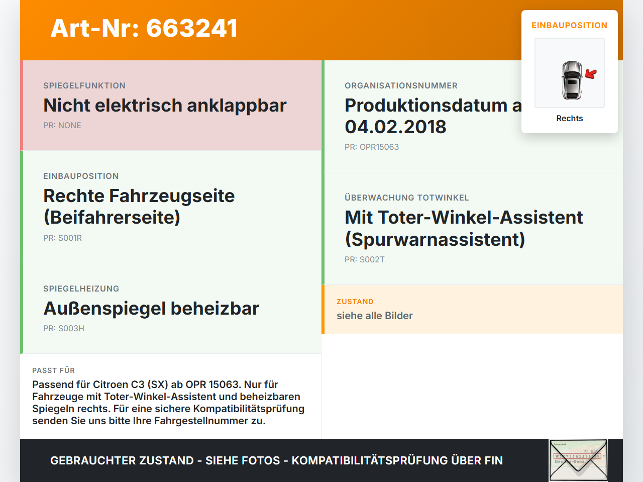 Citroen C3 SX 17-20 Spiegel Aussenspiegel Rechts Spurwarnassistent EWP Citroen C3 SX 17-20 27.12.2016 98128560XT... Vorschau 3