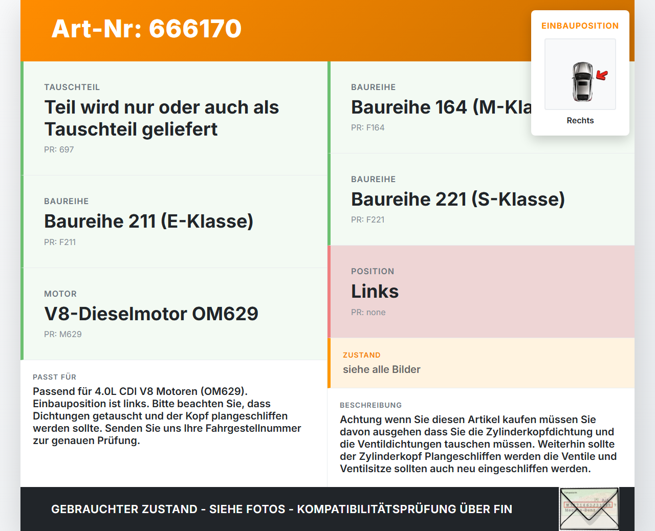 Mercedes W211 E420 03-06 CDI 4,0 231KW 629910 Zylinderkopf Rechts Mercedes W211 E420 03-06 18.08.2005 A6290105320... Vorschau 3