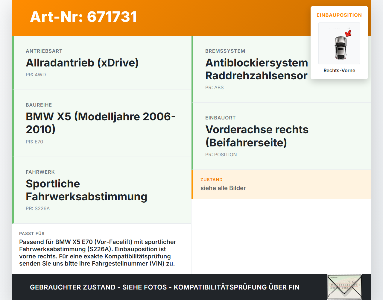BMW X5 35d E70 06-10 3,0d 173KW Achsschenkel Radnabe mit ABS Rechts Vorne BMW X5 35d E70 06-10 13.08.2007... Vorschau 3