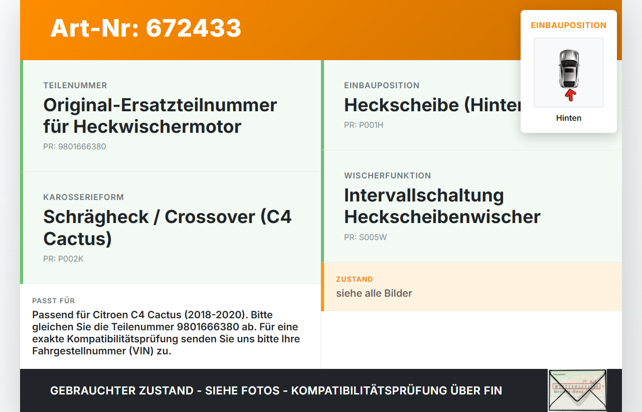 Citroen C4 Cactus 18-20 Wischermotor Hinten Heckwischermotor Citroen C4 Cactus 18-20 15.11.2018 9801666380... Vorschau 3