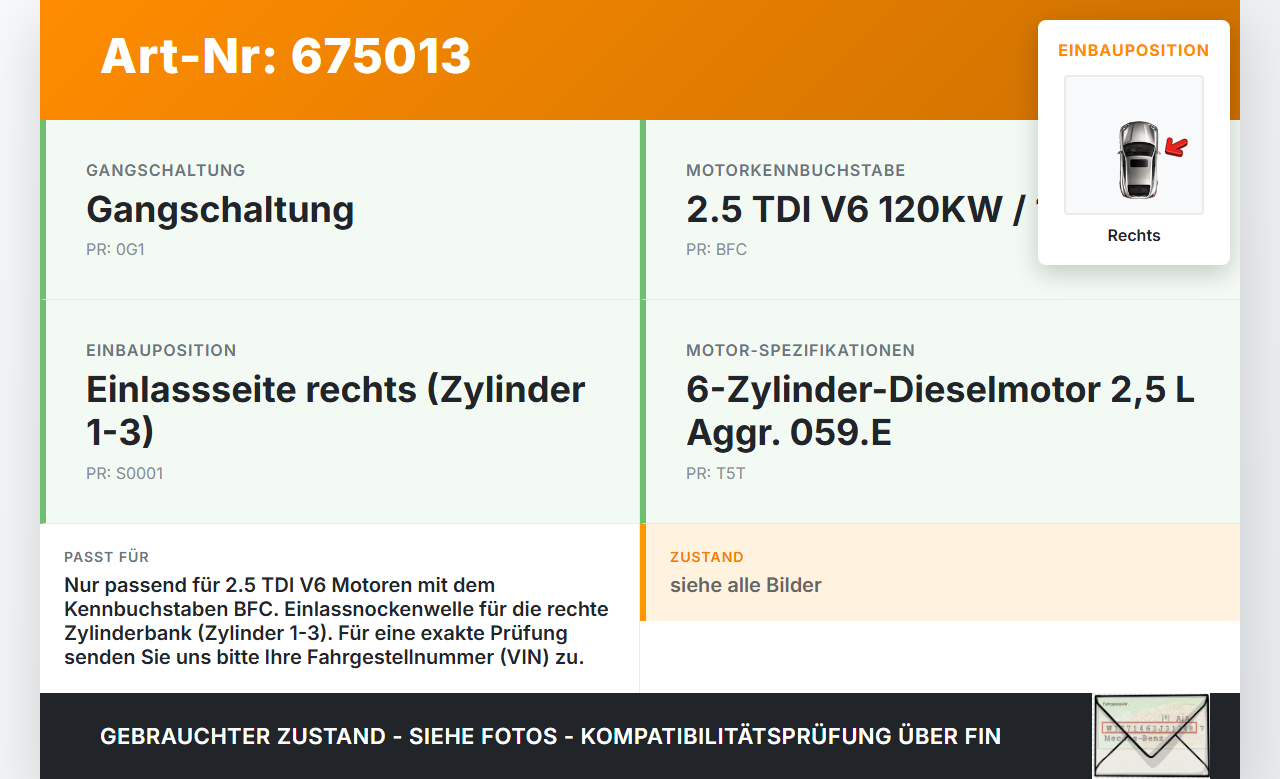 Audi A4 B6 8H Cabriolet 02-05 TDI 2,5 120KW BFC Nockenwelle Einlass Rechts Audi A4 B6 8H Cabriolet 02-05 31.05.2002... Vorschau 3