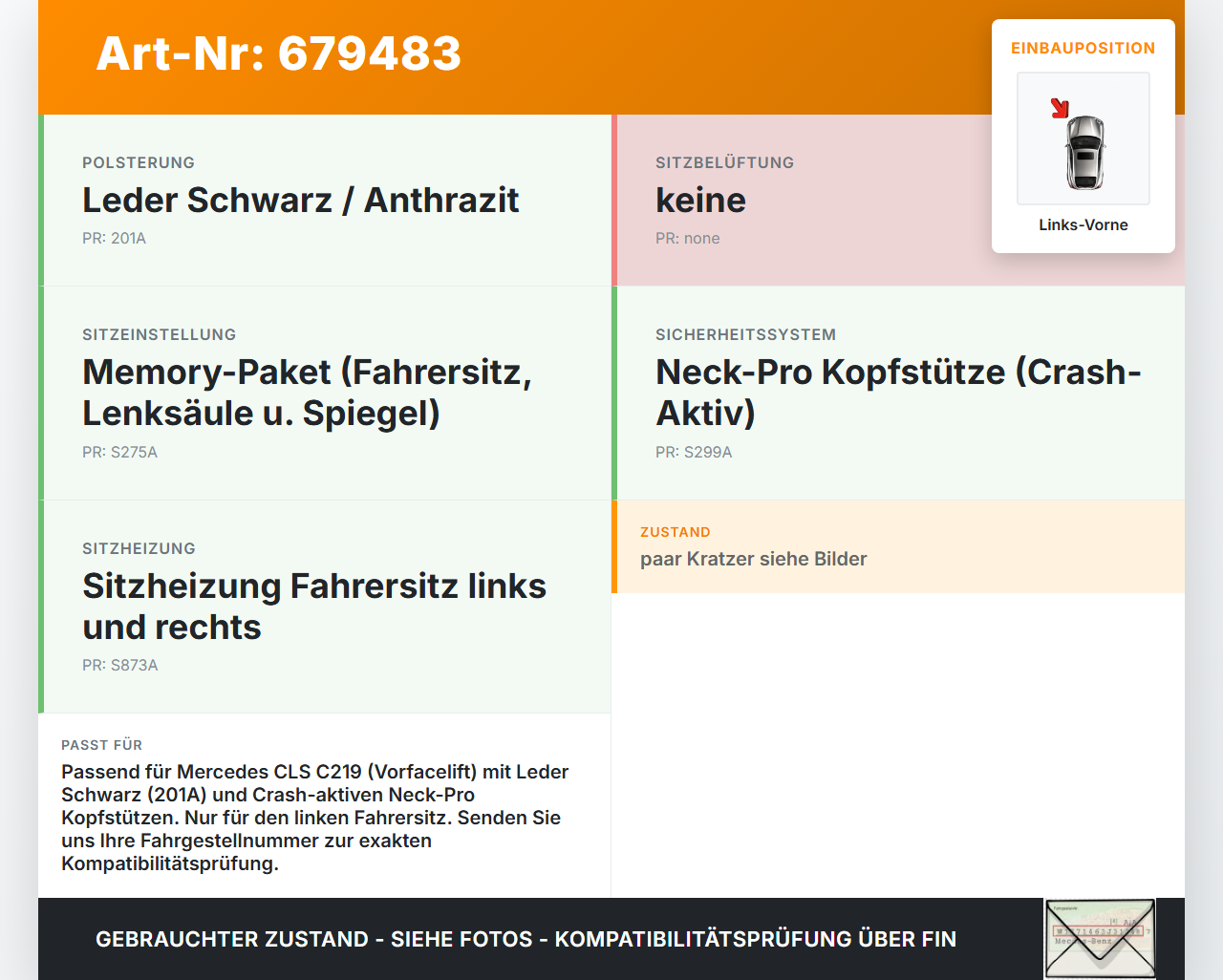Mercedes C219 CLS 05-09 Leder Kopfstütze für Fahrer Sitz Links Vorne Crash Aktiv Mercedes C219 CLS 05-09 28.04.2006... Vorschau 3