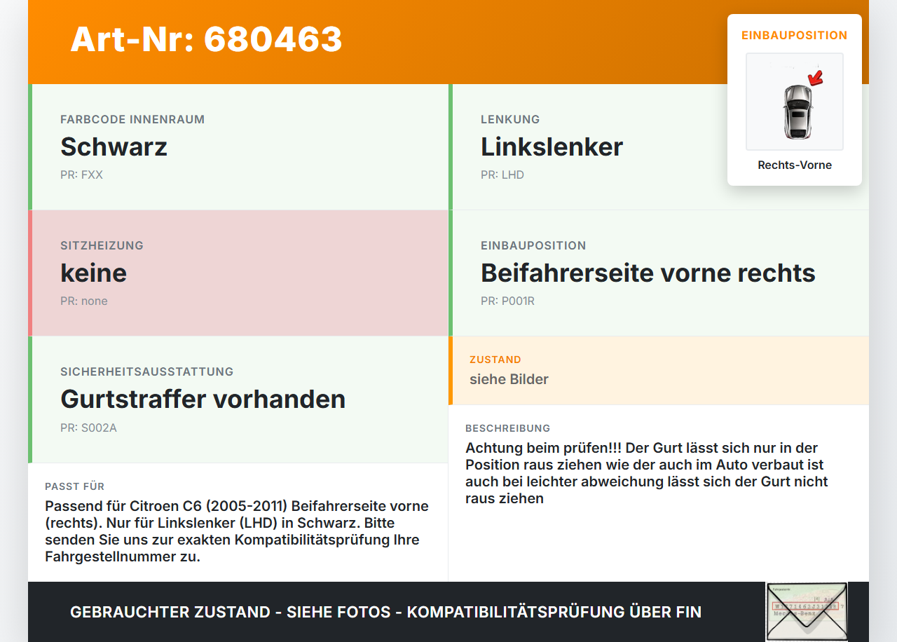 Citroen C6 05-11 Lim Gurt Sicherheitsgurt Gurtstraffer für Beifahrer Rechts Vorne Citroen C6 05-11 21.09.2007... Vorschau 3