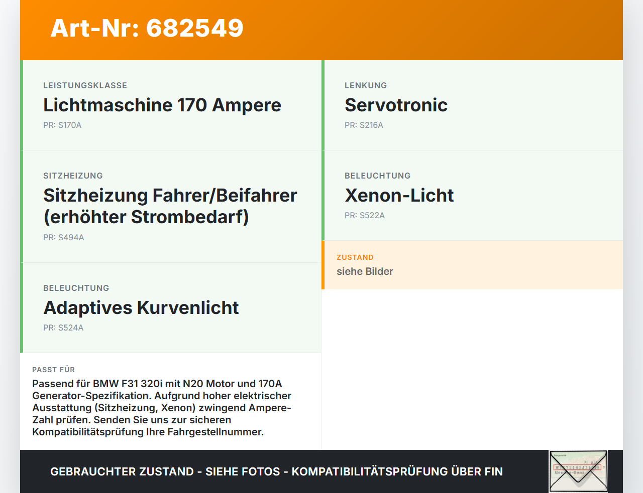 BMW F31 320i 12-15 2,0 135KW Lichtmaschine Generator 170A 14V BMW F31 320i 12-15 17.04.2013 12317605478 7605478... Vorschau 3