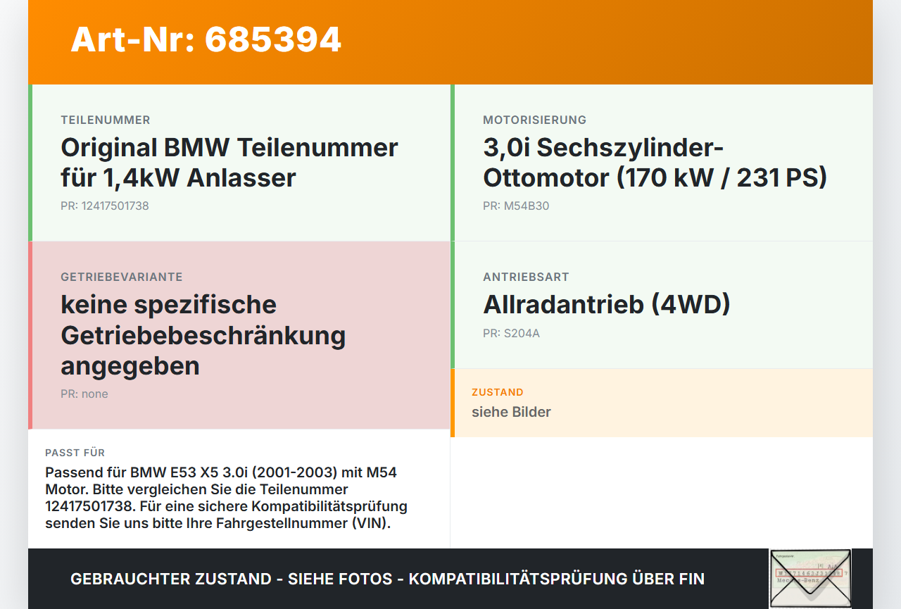 BMW E53 X5 01-03 3,0i 170KW Anlasser Starter 1,4kW BMW E53 X5 01-03 01.09.2002 7519161 7519160 7519160-02... Vorschau 3