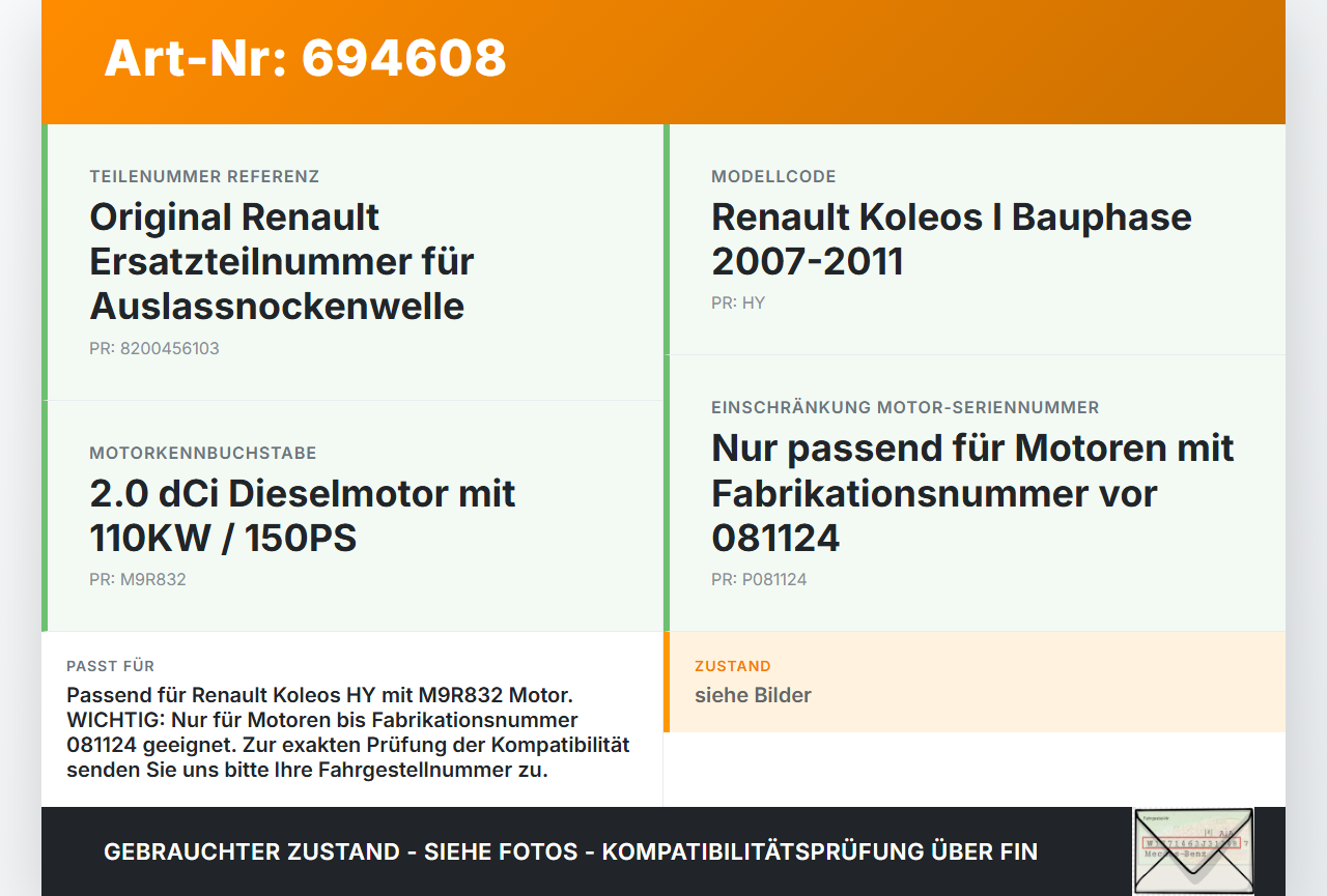 Renault Koleos HY 07-11 dCi 2,0 110KW M9R832 Nockenwelle Auslass Renault Koleos HY 07-11 18.09.2008 8200456103 gebraucht Vorschau 3