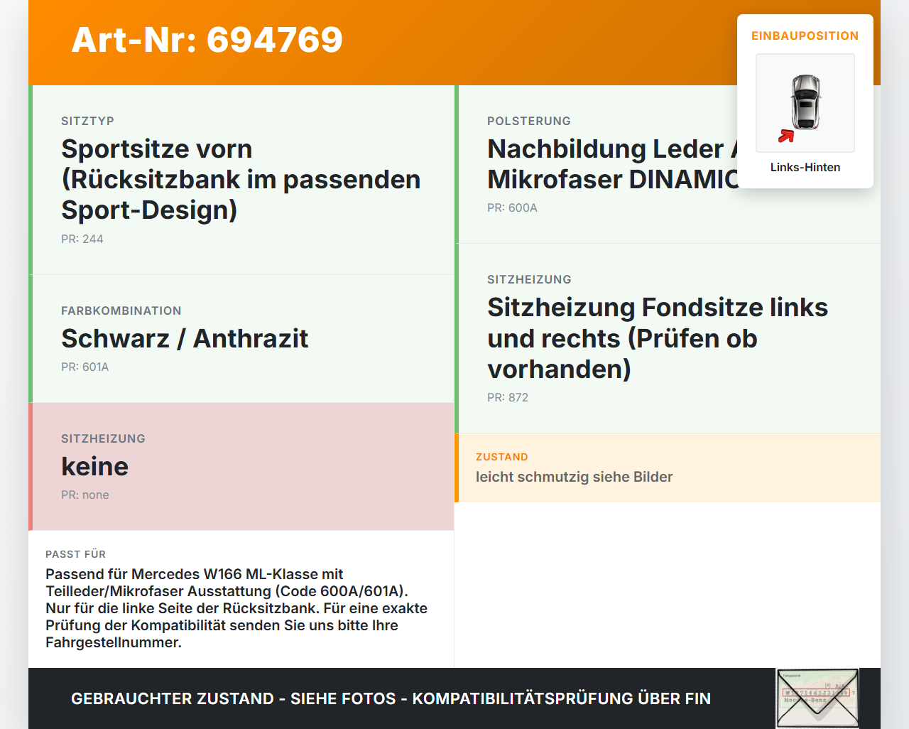 Mercedes W166 ML 350 11-15 Sitzpolster Links für Rücksitzbank Hinten Teilleder Mercedes W166 ML 350 11-15... Vorschau 3