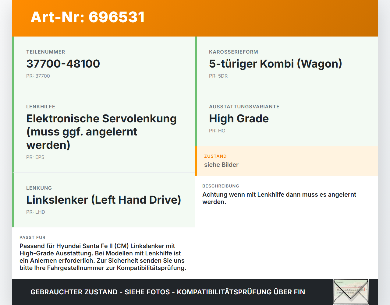 Hyundai Santa Fe II CM 06-12 Lenkgetriebe Servolenkung Hyundai Santa Fe II CM 06-12 09.06.2006 57700-2B100 gebraucht Vorschau 3