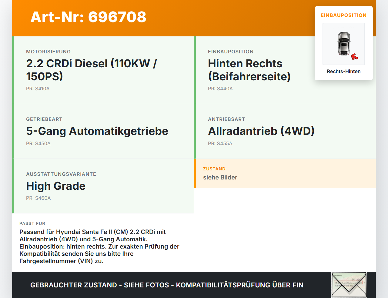 Hyundai Santa Fe II CM 06-12  CRDI 2,2 110KW Antriebswelle Gelenkwelle Rechts Hinten Hyundai Santa Fe II CM 06-12... Vorschau 3