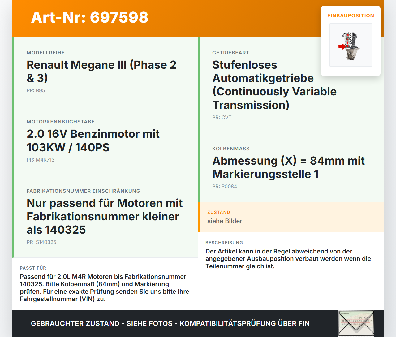 Renault Megane III 12-14 CVT 2,0 103KW M4R713 Kolben mit Pleuel Pos A Renault Megane III 12-14 28.03.2011... Vorschau 3