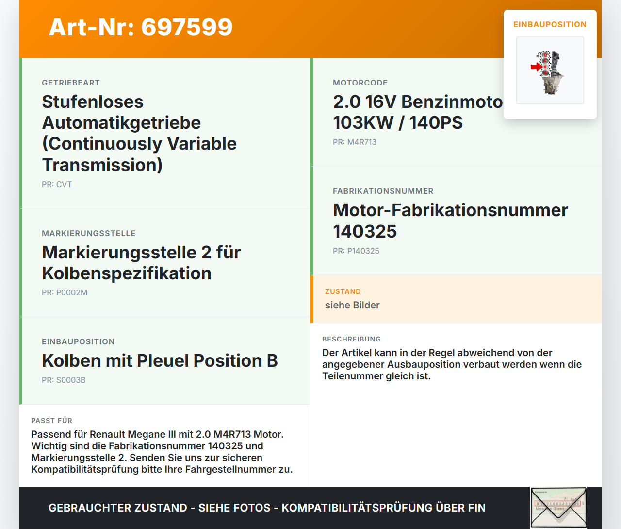 Renault Megane III 12-14 CVT 2,0 103KW M4R713 Kolben mit Pleuel Pos B Renault Megane III 12-14 28.03.2011... Vorschau 3