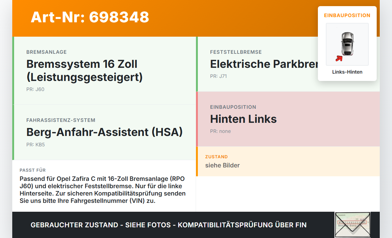 Opel Zafira C 11-16 TD 1,6 100KW Bremssattel Bremszange Hinten Links Opel Zafira C 11-16 24.03.2014 13300885 542377... Vorschau 3