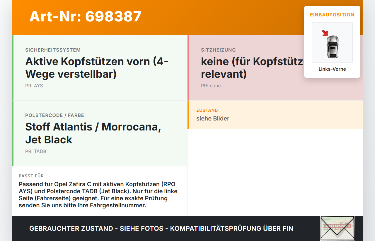 Opel Zafira C 11-16 Kopfstütze für Fahrer Sitz Links Vorne Crash Aktiv Opel Zafira C 11-16 24.03.2014 13351017... Vorschau 3