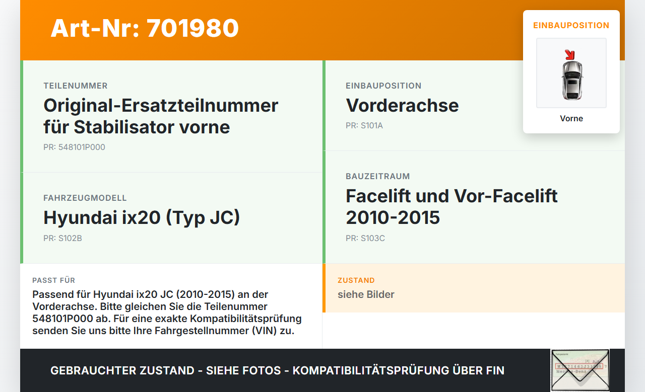 Hyundai IX20 JC 10-15 Stabilisator Stabi Vorne Hyundai IX20 JC 10-15 20.09.2011 548101P000 gebraucht Vorschau 3