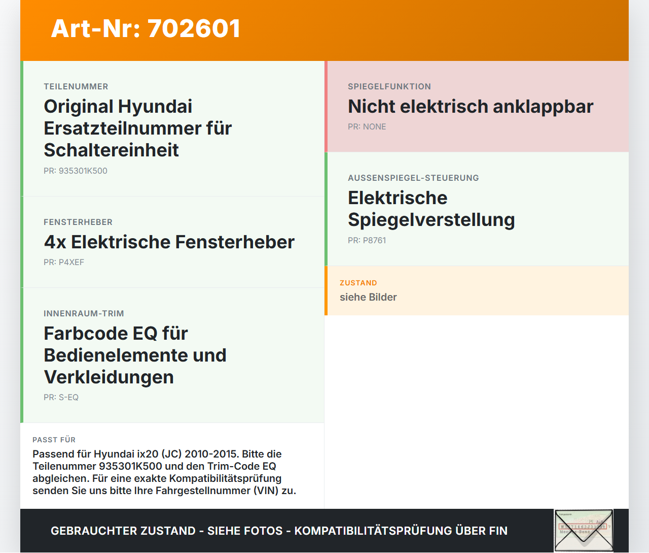 Hyundai IX20 JC 10-15 Spiegelverstellung Aussenspiegel Schalter Hyundai IX20 JC 10-15 22.09.2011 935301K500 gebraucht Vorschau 3