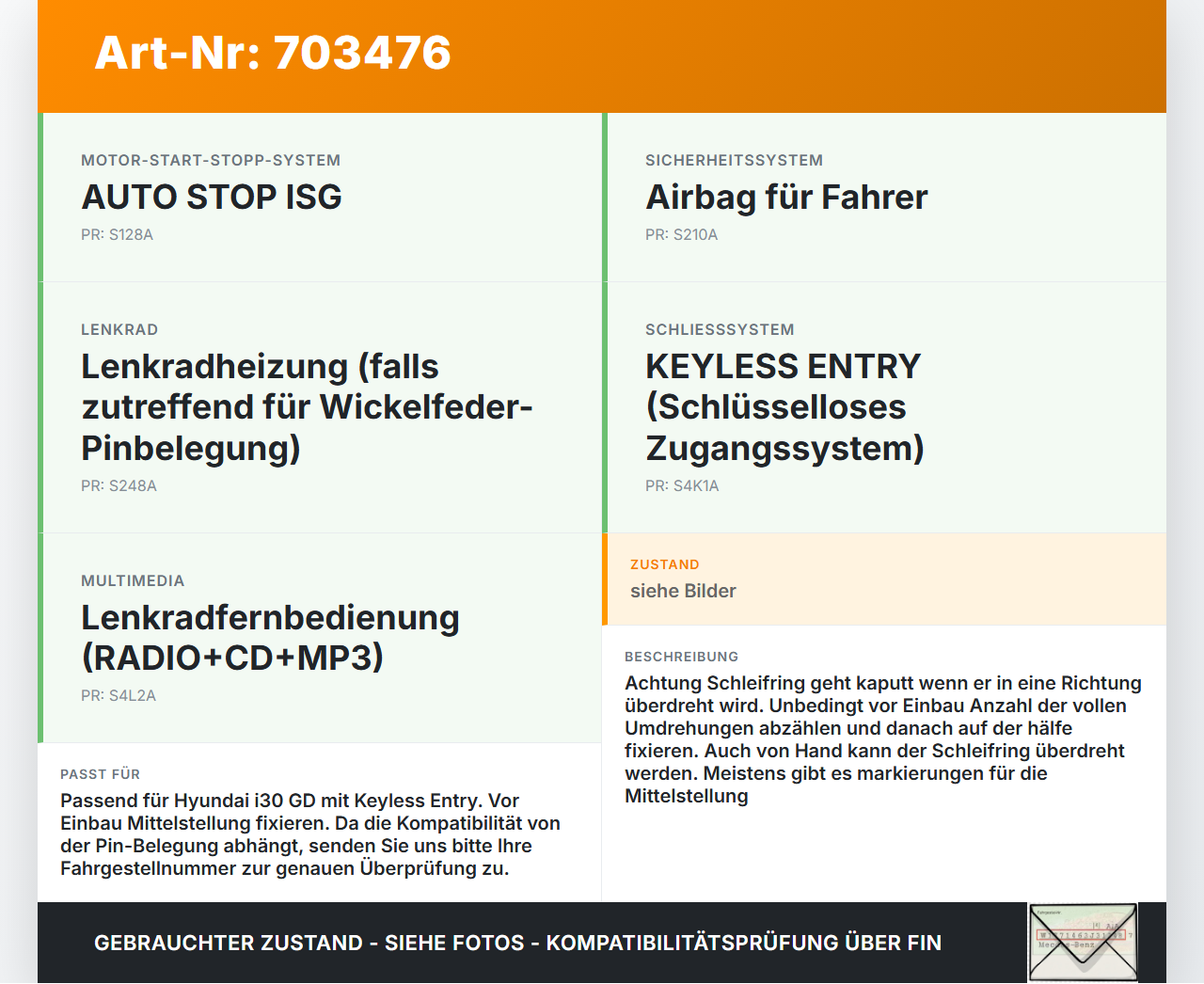 Hyundai I30 GD 11-15 Airbag Schleifring Wickelfeder Hyundai I30 GD 11-15 21.03.2012 934903R110 R11.T21..1390 gebraucht Vorschau 3