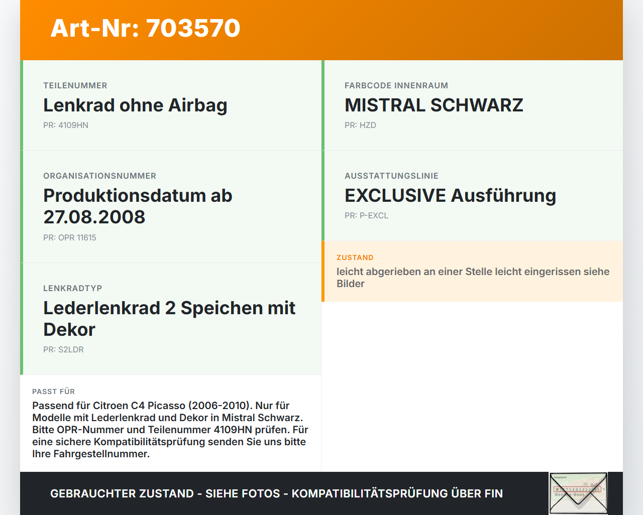 Citroen C4 Picasso 06-10 Lenkrad ohne Airbag Citroen C4 Picasso 06-10 30.01.2008 4109HN 96821842ZD gebraucht Vorschau 3