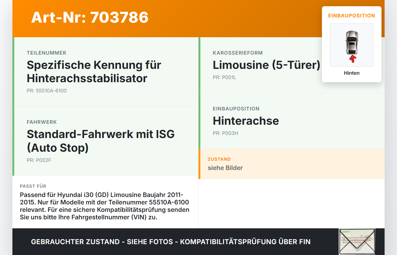 Hyundai I30 GD 11-15 Lim Stabi Stabilisator Hinten Hyundai I30 GD 11-15 21.03.2012 55510A-6100 gebraucht Vorschau 3