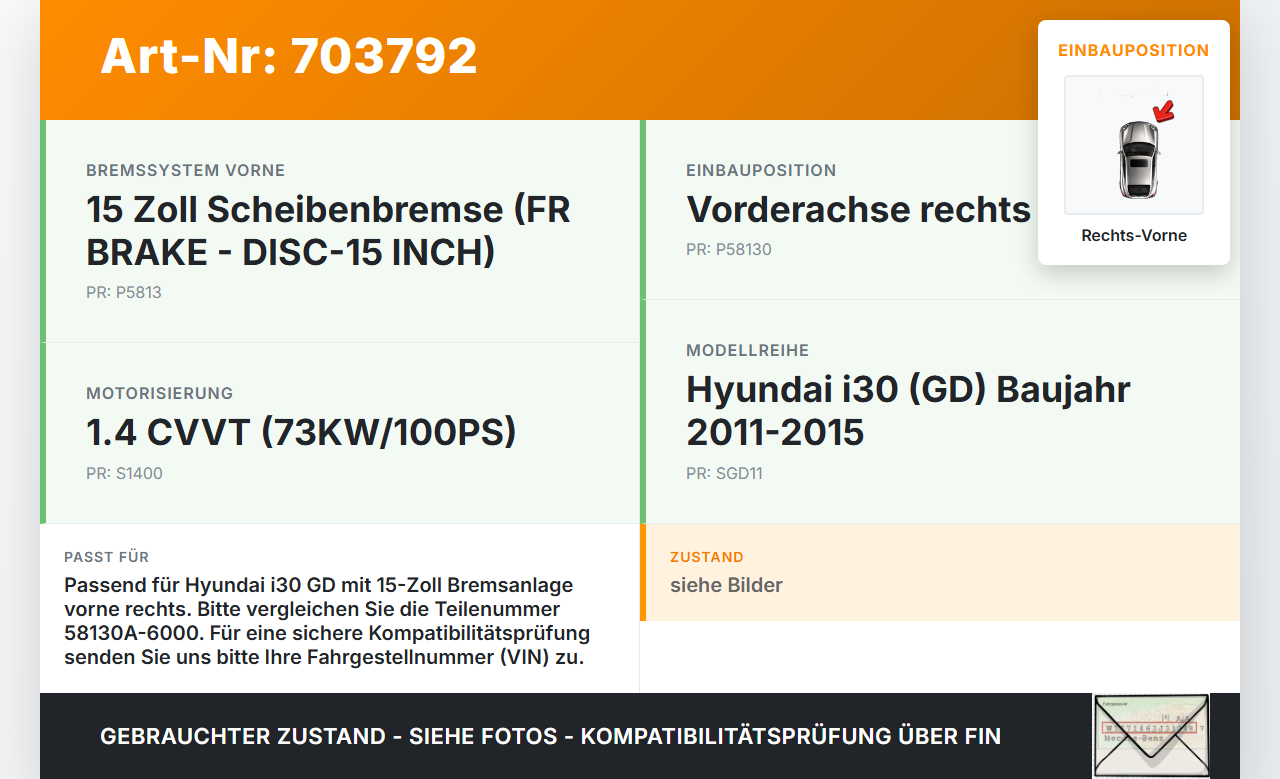 Hyundai I30 GD 11-15 CVVT 1,4 73KW Bremssattel Bremszange Vorne Rechts Hyundai I30 GD 11-15 21.03.2012 58130A-6000... Vorschau 3
