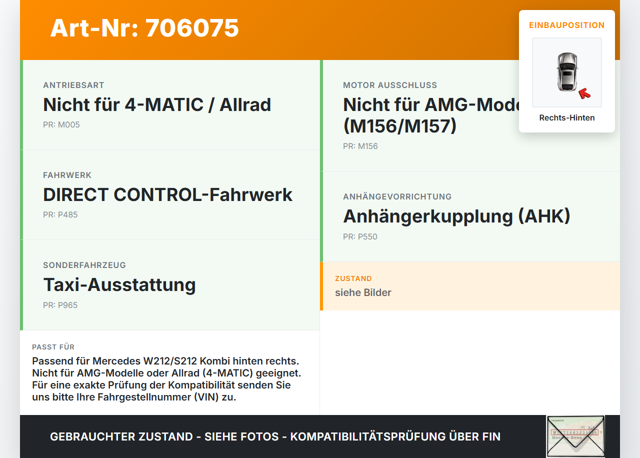 Mercedes W212 S212 E200 09-13 Kombi CDI  2,2 100KW Achsschenkel Radnabe mit ABS Rechts Hinten Mercedes W212 S212... Vorschau 3