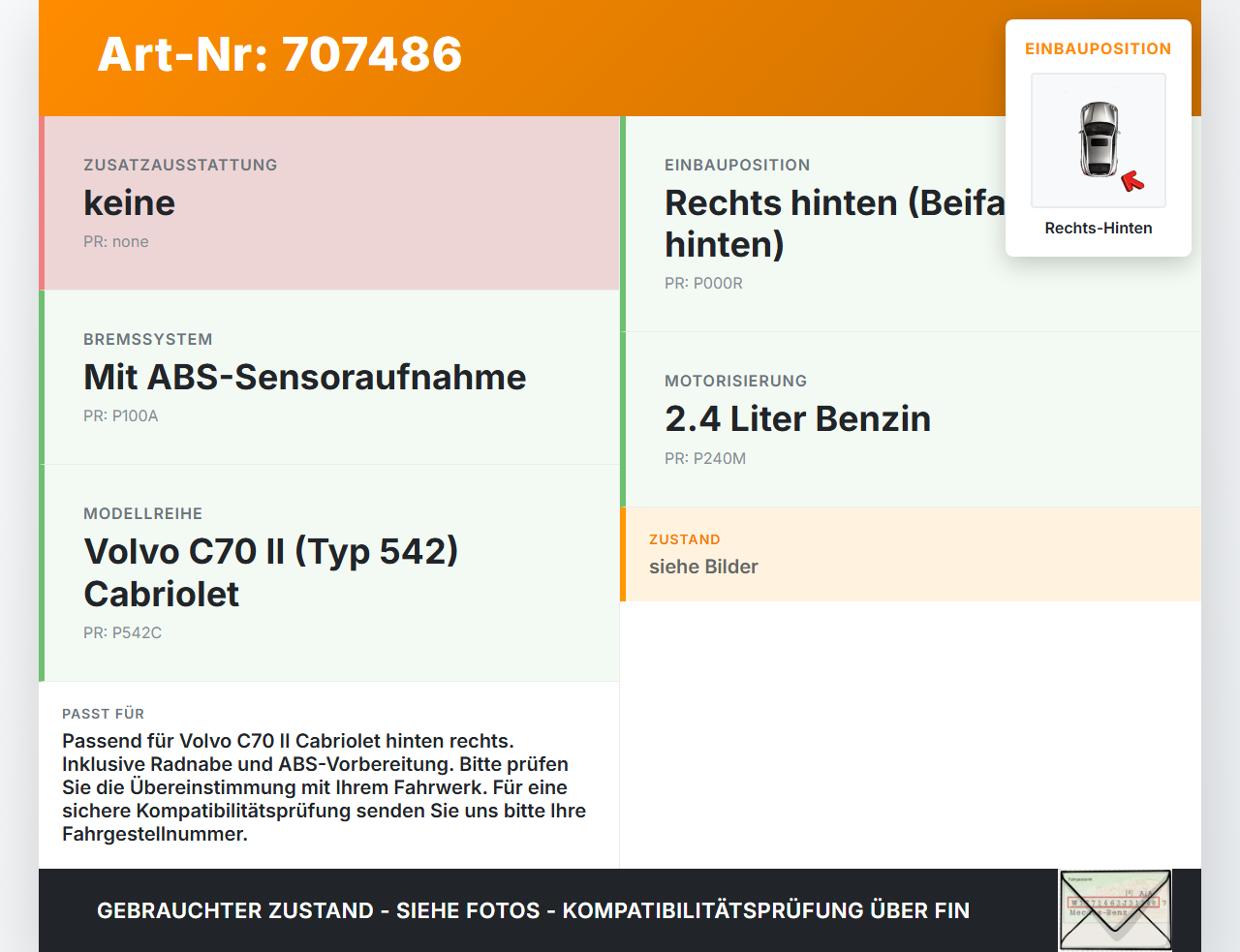 Volvo C70 II 542 05-09 Cabriolet 2,4 125KW Achsschenkel Radnabe mit ABS Rechts Hinten Volvo C70 II 542 05-09... Vorschau 3