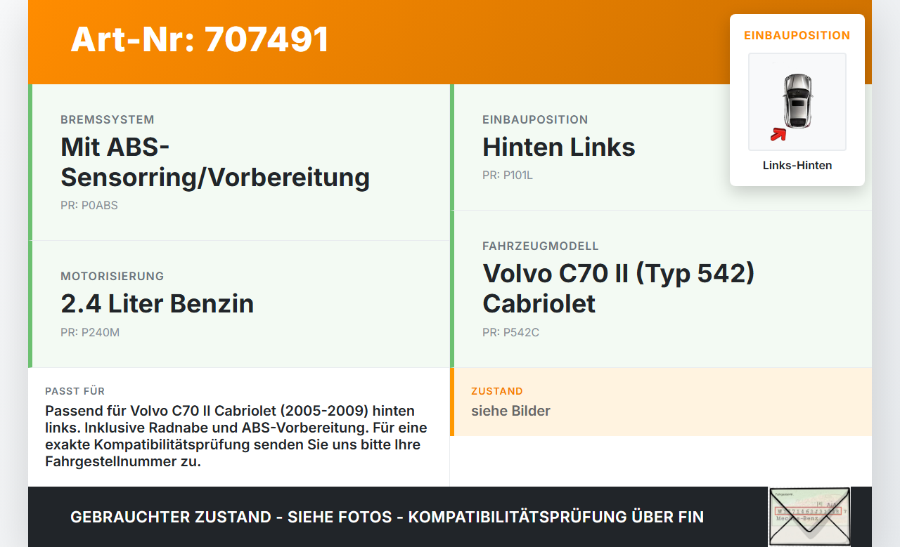 Volvo C70 II 542 05-09 Cabriolet 2,4 125KW Achsschenkel Radnabe mit ABS Links Hinten Volvo C70 II 542 05-09... Vorschau 3