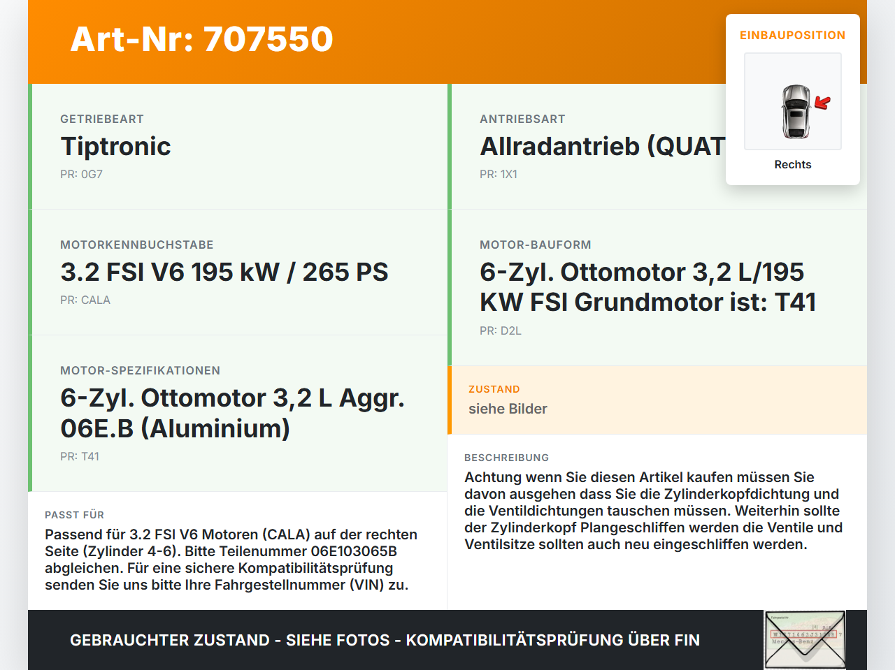 Audi A5 8T QU 07-12 FSI 3,2 195KW CALA Zylinderkopf Rechts Audi A5 8T QU 07-12 16.04.2008 06E103065B 06E103404A... Vorschau 3