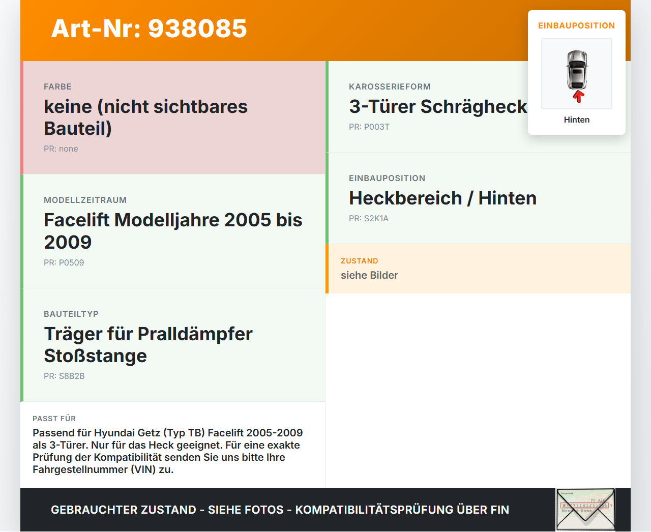 Hyundai Getz TB 05-09 3T Träger Pralldämpfer für Stoßstange Hinten Hyundai Getz TB 05-09 15.02.2005 gebraucht Vorschau 3