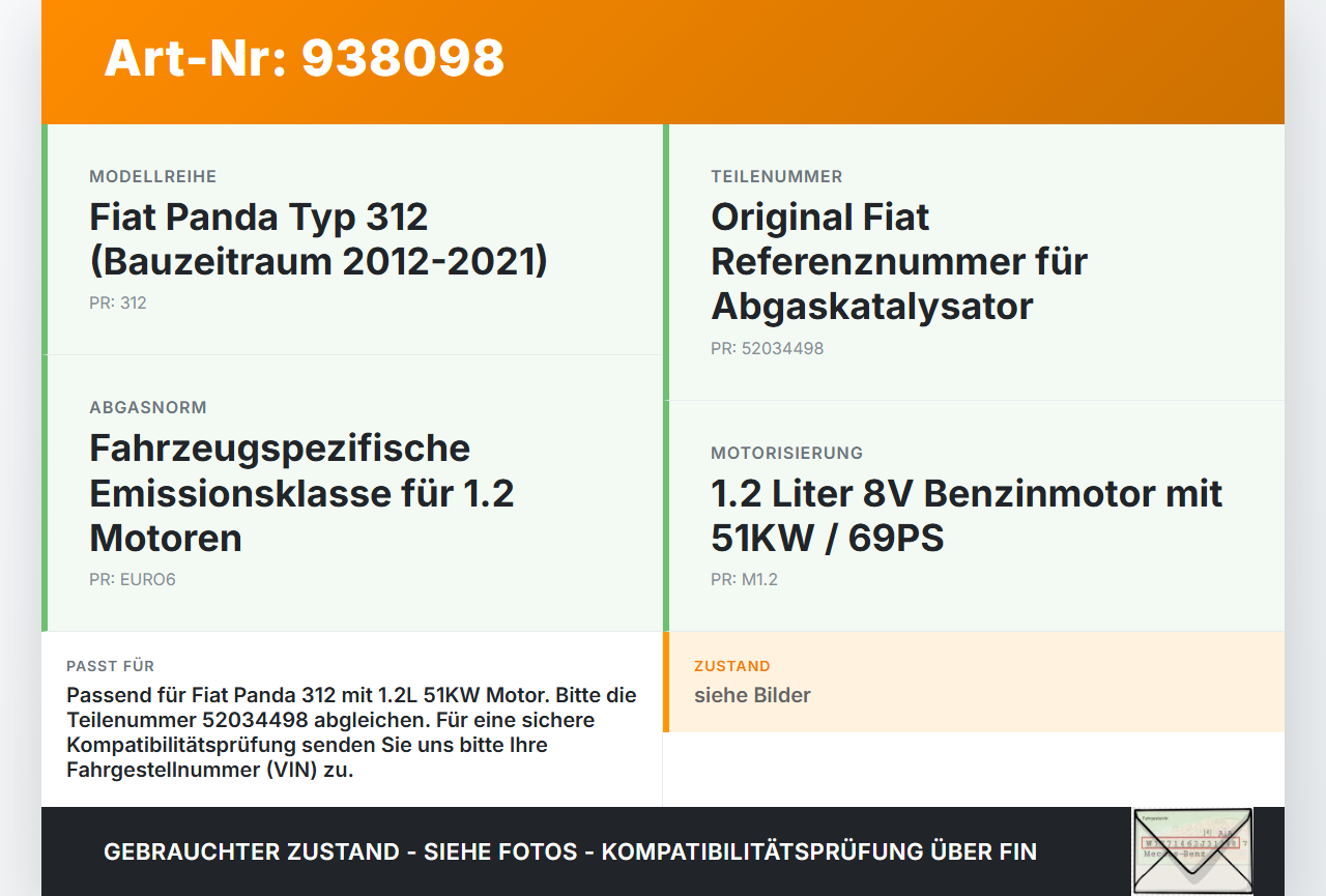 Fiat Panda 312 12-21 1,2 51KW Katalysator Kat Fiat Panda 312 12-21 28.03.2014 52034498 gebraucht Vorschau 3