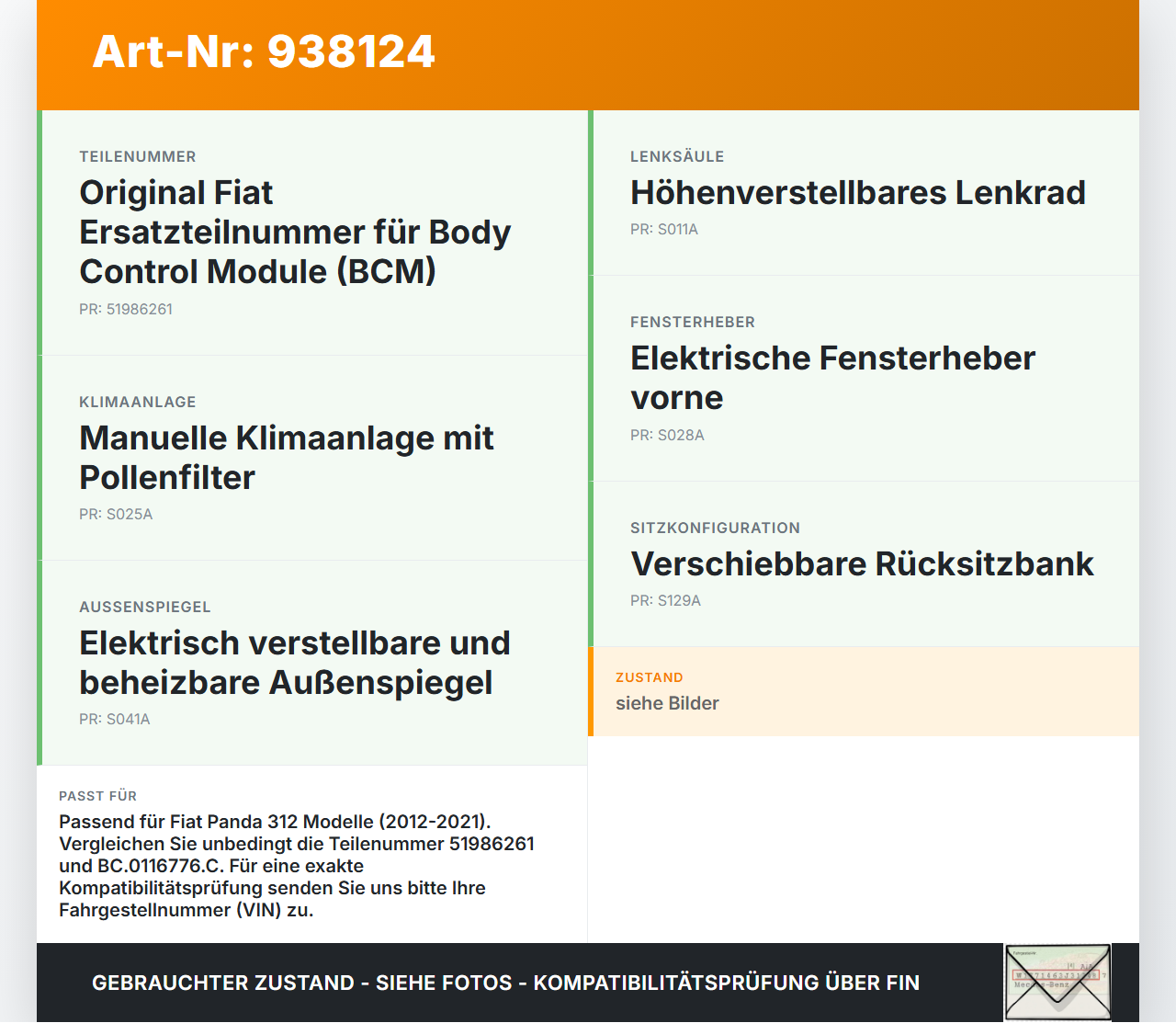 Fiat Panda 312 12-21 Steuergerät ECU Modul Fiat Panda 312 12-21 28.03.2014 51986261 BC.0116776.C gebraucht Vorschau 3