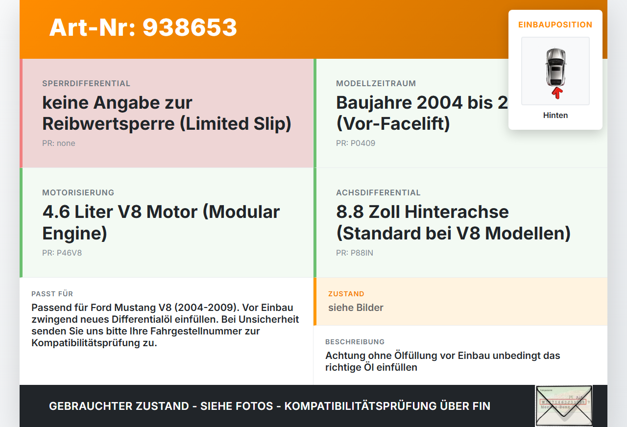 Ford Mustang V 5 04-09 V8 4.6 222KW Differential Hinterachsgetriebe Hinten Ford Mustang V 5 04-09 01.10.2005 gebraucht Vorschau 3