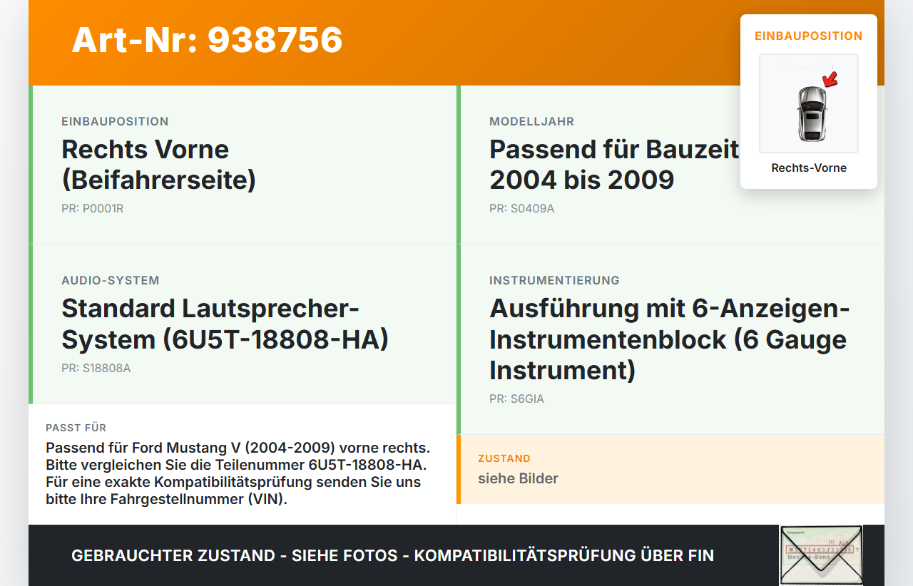 Ford Mustang V 5 04-09 Lautsprecher Rechts Vorne Ford Mustang V 5 04-09 01.10.2005 6U5T-18808-HA EABA1229T1 gebraucht Vorschau 3