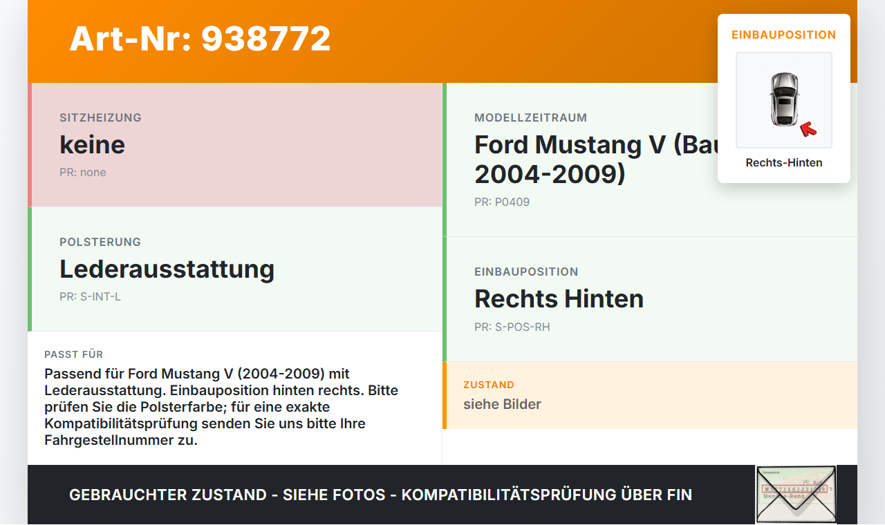 Ford Mustang V 5 04-09 Sitz Rechts Hinten Ford Mustang V 5 04-09 01.10.2005 gebraucht Vorschau 3