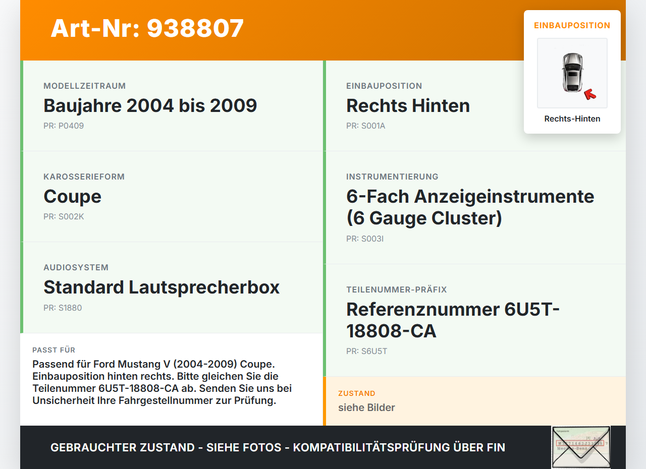 Ford Mustang V 5 04-09 Coupe Lautsprecher Rechts Hinten Ford Mustang V 5 04-09 01.10.2005 6U5T-18808-CA gebraucht Vorschau 3