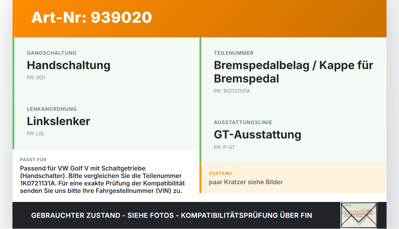 VW Golf V 5 1K 04-09 TSI 1,4 103KW Kappe für Pedal Pos.1 VW Golf V 5 1K 04-09 13.02.2008 1K0721131A gebraucht Vorschau 3