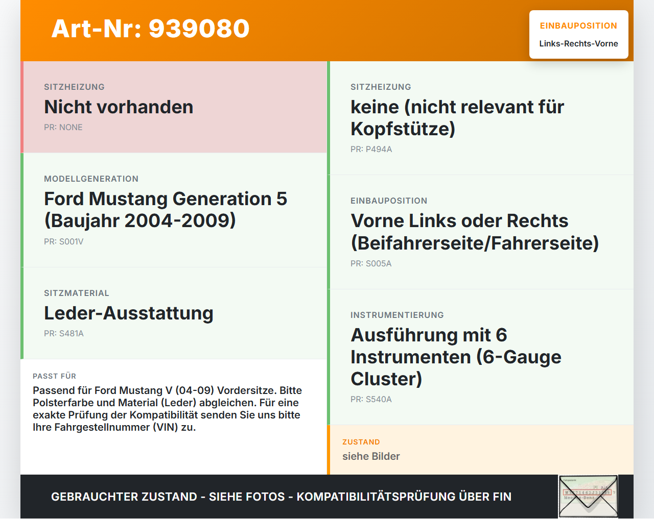 Ford Mustang V 5 04-09 Coupe Kopfstütze für Beifahrer Sitz Rechts oder Links Vorne Ford Mustang V 5 04-09... Vorschau 3