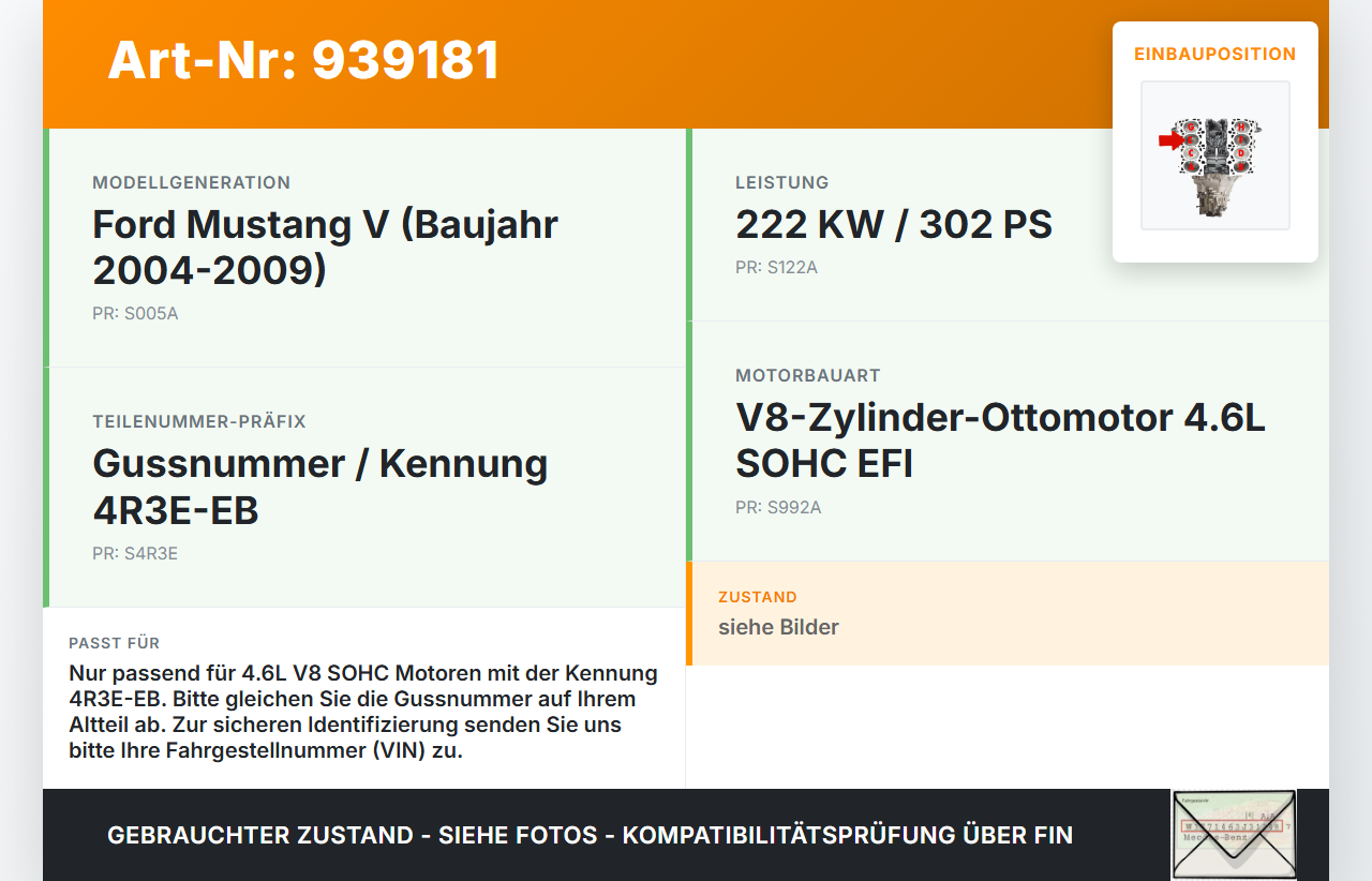 Ford Mustang V 5 04-09 V8 4.6 222KW SOHC EFI Kolben mit Pleuel Pos E Ford Mustang V 5 04-09 01.10.2005 4R3E-EB gebraucht Vorschau 3