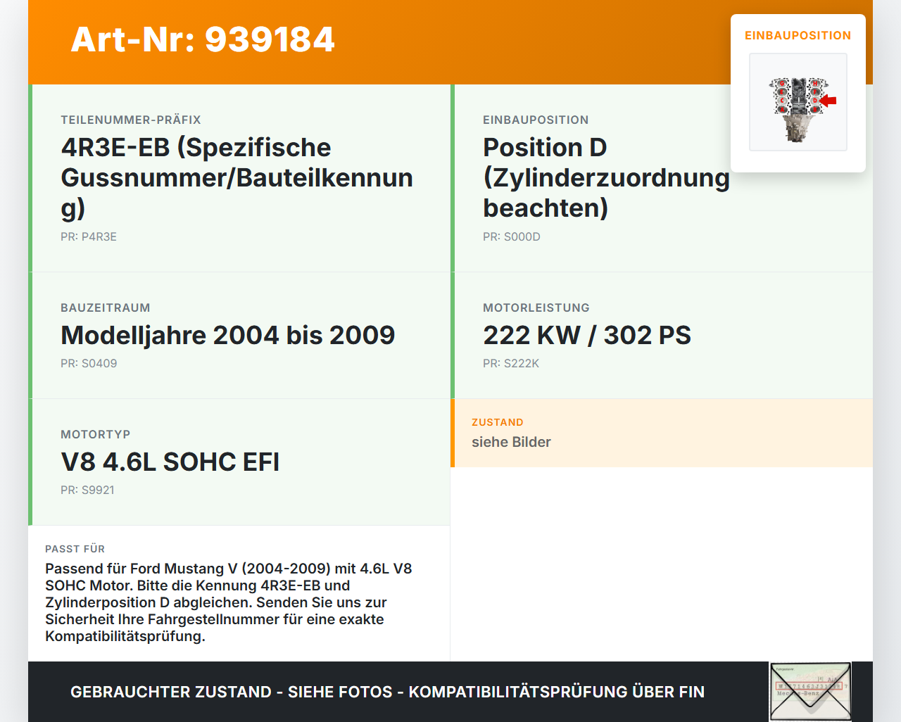 Ford Mustang V 5 04-09 V8 4.6 222KW SOHC EFI Kolben mit Pleuel Pos D Ford Mustang V 5 04-09 01.10.2005 4R3E-EB gebraucht Vorschau 3
