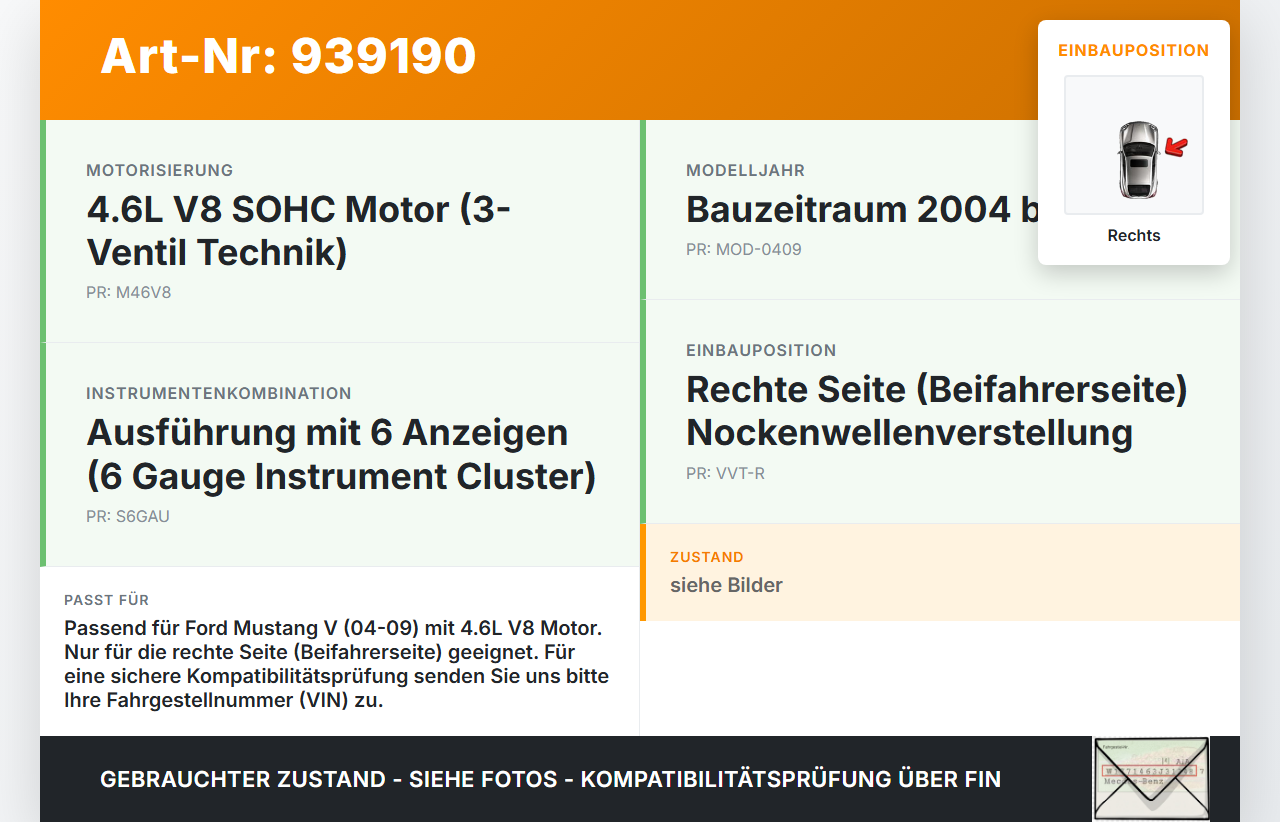Ford Mustang V 5 04-09 V8 4.6 222KW SOHC EFI Nockenwellenverstellung Verstellung für Nockenwelle Rechts Ford... Vorschau 3