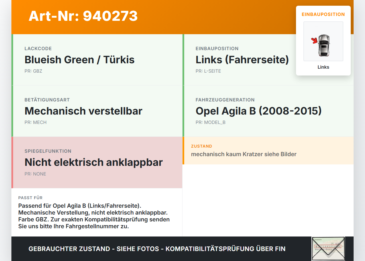 Opel Agila B 08-15 Spiegel Aussenspiegel Links mechanisch GBZ Opel Agila B 08-15 10.07.2009 gebraucht Vorschau 3
