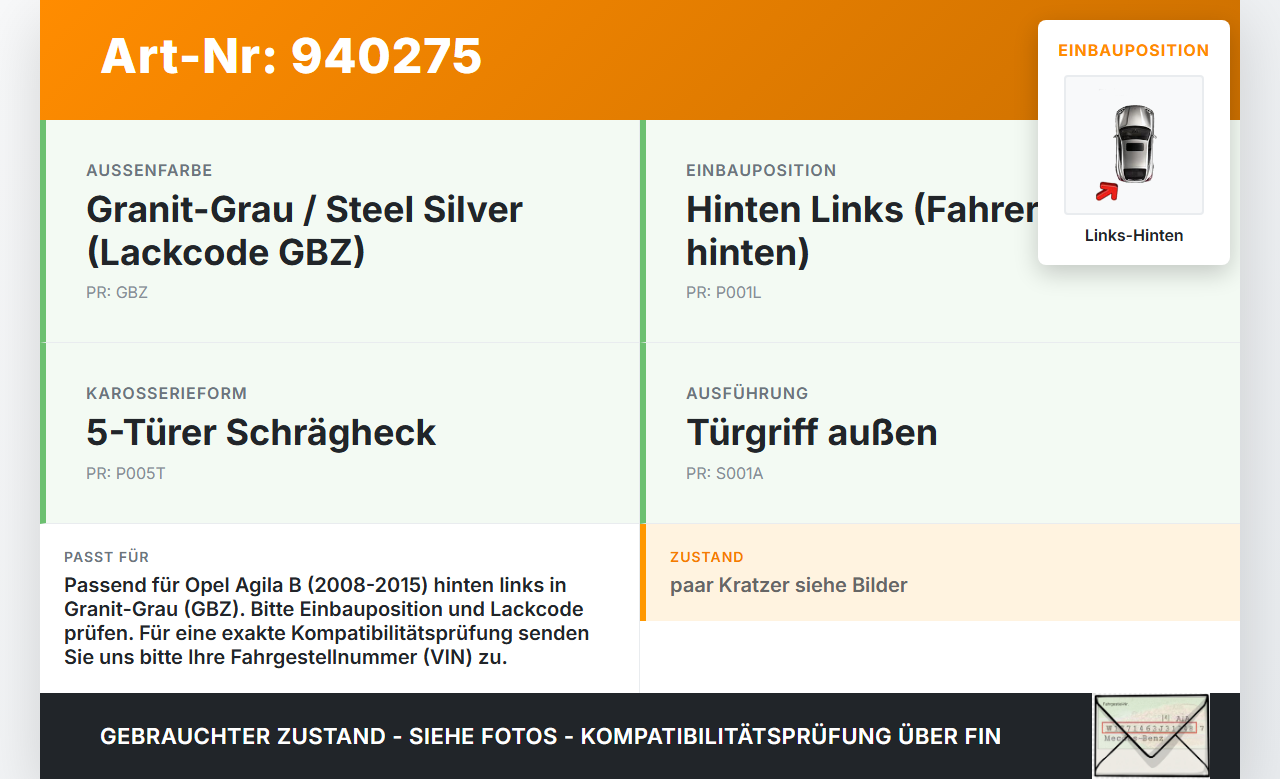 Opel Agila B 08-15 5T Türgriff Griff aussen Links Hinten GBZ Opel Agila B 08-15 10.07.2009 gebraucht Vorschau 3