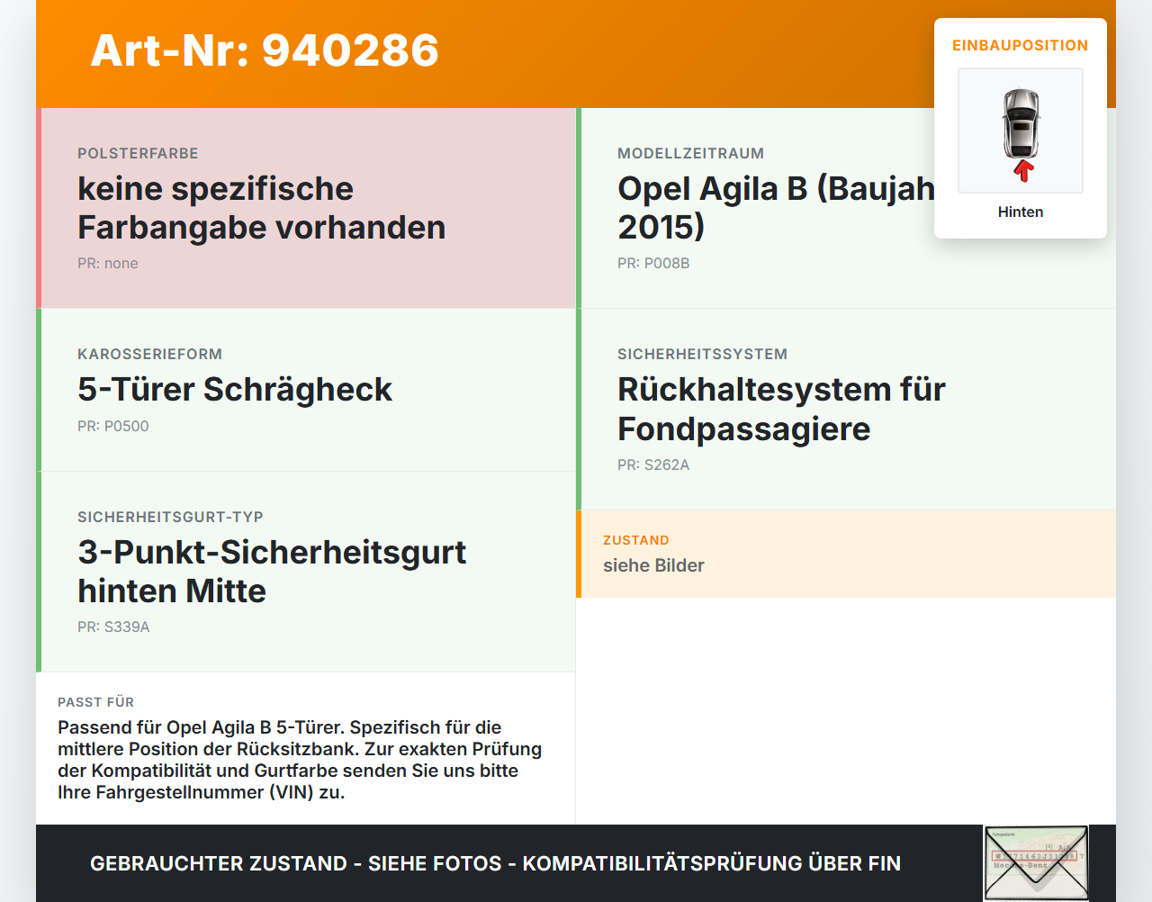 Opel Agila B 08-15 5T Gurt Sicherheitsgurt Mitte Hinten Opel Agila B 08-15 10.07.2009 gebraucht Vorschau 3