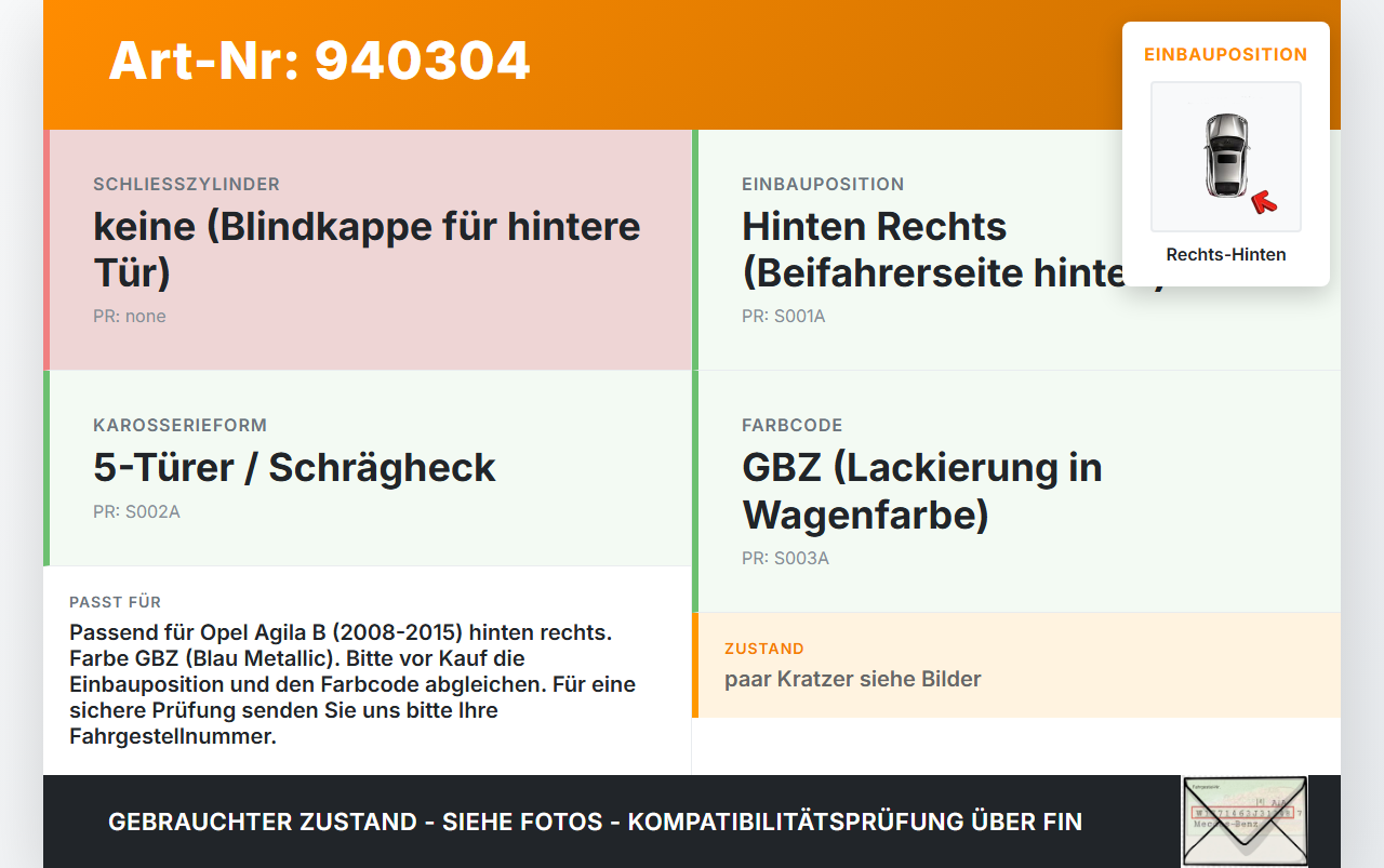 Opel Agila B 08-15 5T Türgriff Griff aussen Rechts Hinten GBZ Opel Agila B 08-15 10.07.2009 gebraucht Vorschau 3