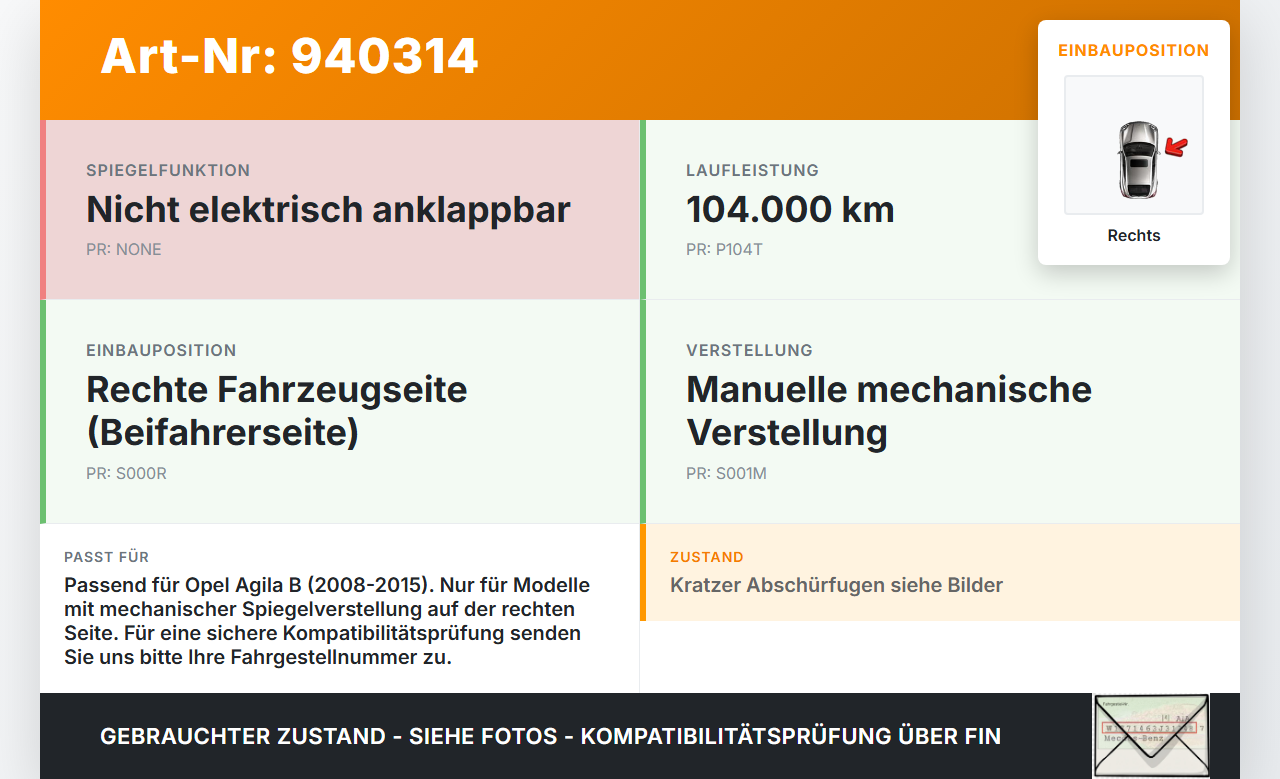 Opel Agila B 08-15 Spiegel Aussenspiegel Rechts mech. Opel Agila B 08-15 10.07.2009 gebraucht Vorschau 3