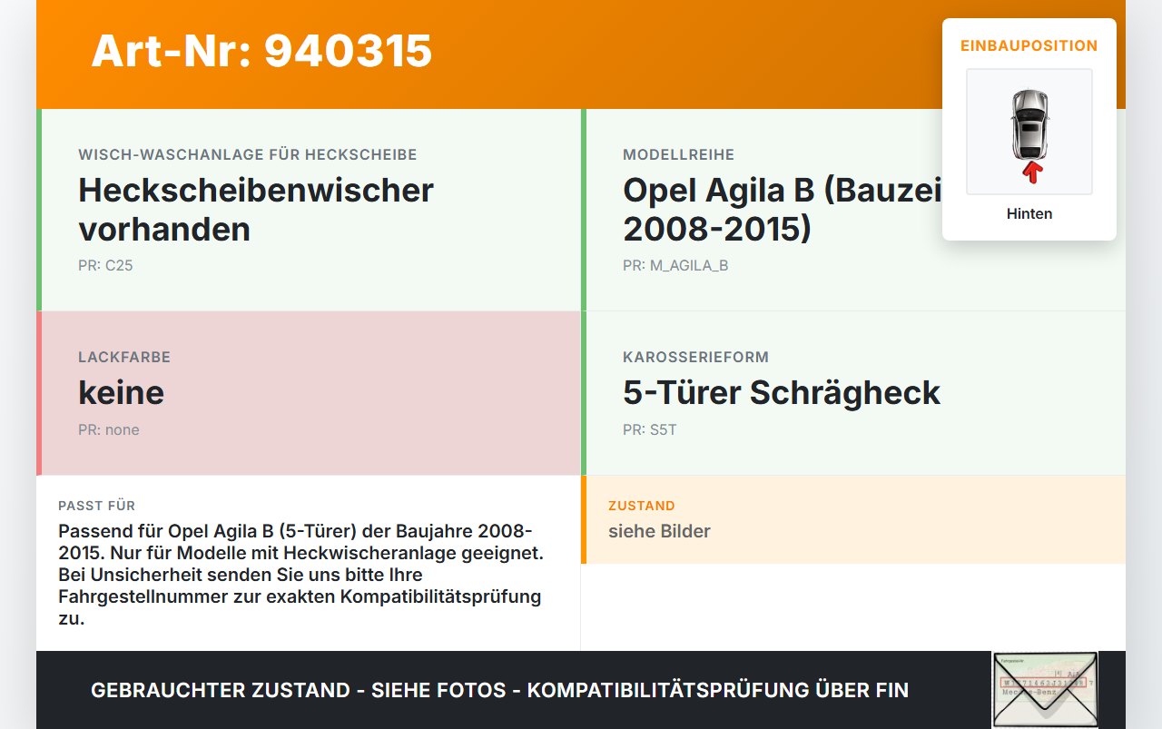 Opel Agila B 08-15 5T Scheibenwischer Heckwischer Hinten Wischarm Opel Agila B 08-15 10.07.2009 gebraucht Vorschau 3