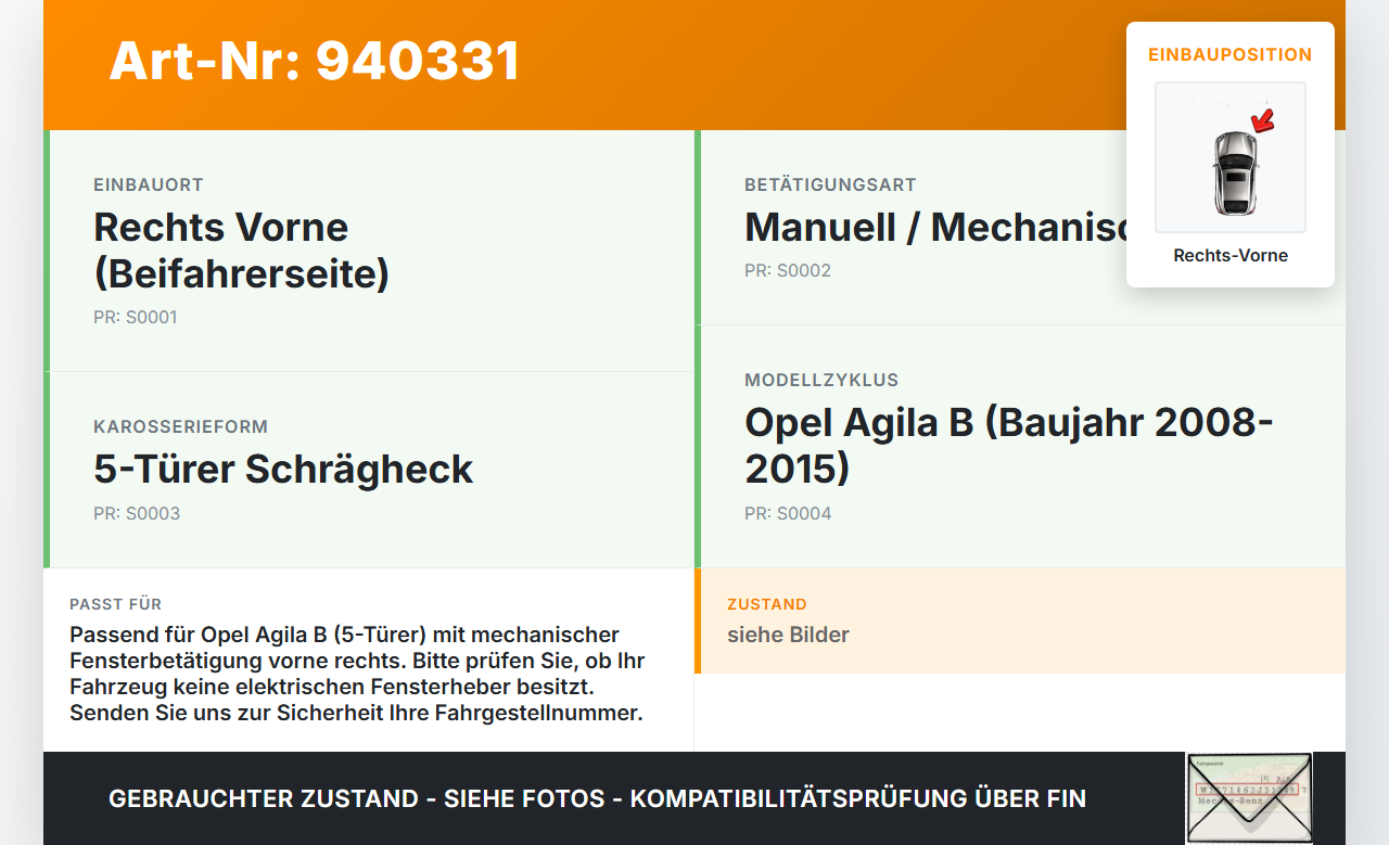 Opel Agila B 08-15 5T Fensterheber mech. Rechts Vorne Opel Agila B 08-15 10.07.2009 gebraucht Vorschau 3