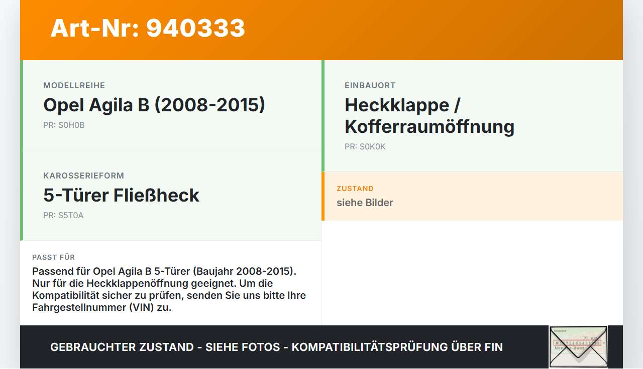 Opel Agila B 08-15 5T Dichtung für Heckklappe Kofferraum Heckklappendichtung Opel Agila B 08-15 10.07.2009 gebraucht Vorschau 3