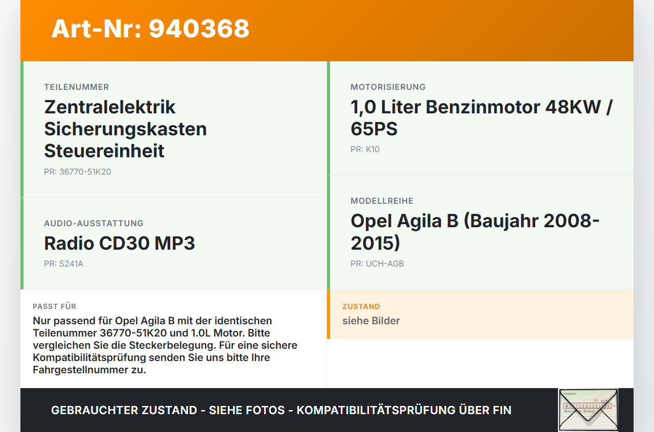 Opel Agila B 08-15 1,0 48KW Sicherungskasten Zentralelektrik Opel Agila B 08-15 10.07.2009 36770-51K20 gebraucht Vorschau 3