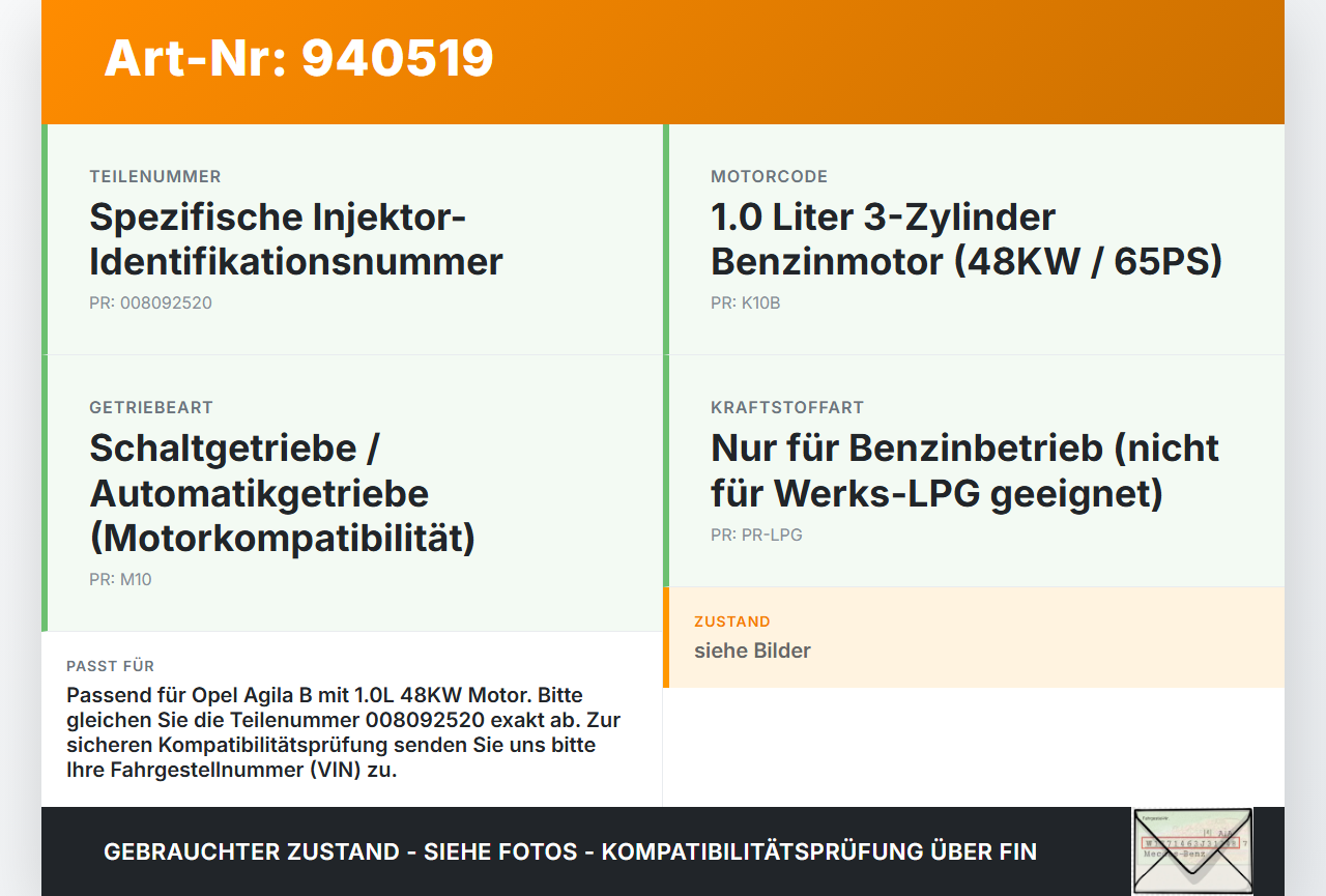 Opel Agila B 08-15 1,0 48KW Injektor Einspritzdüse Zyl.2 Opel Agila B 08-15 10.07.2009 008092520 gebraucht Vorschau 3